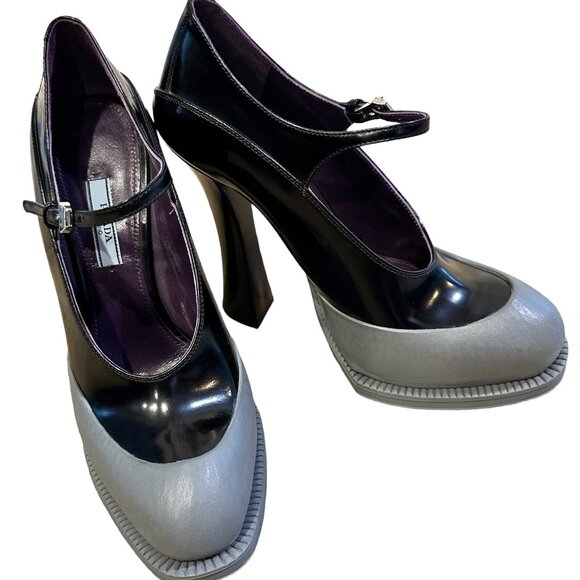 Prada Black Gray Rubber Cap Toe Mary Jane High Heel Pump - Picture 8 of 9